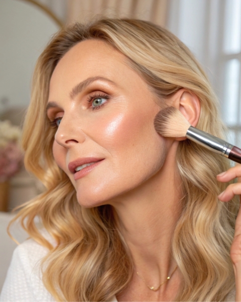 a close up of the face of a woman in her 40s facin