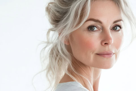 ageless beauty: close up portrait of attractive mature woman wit