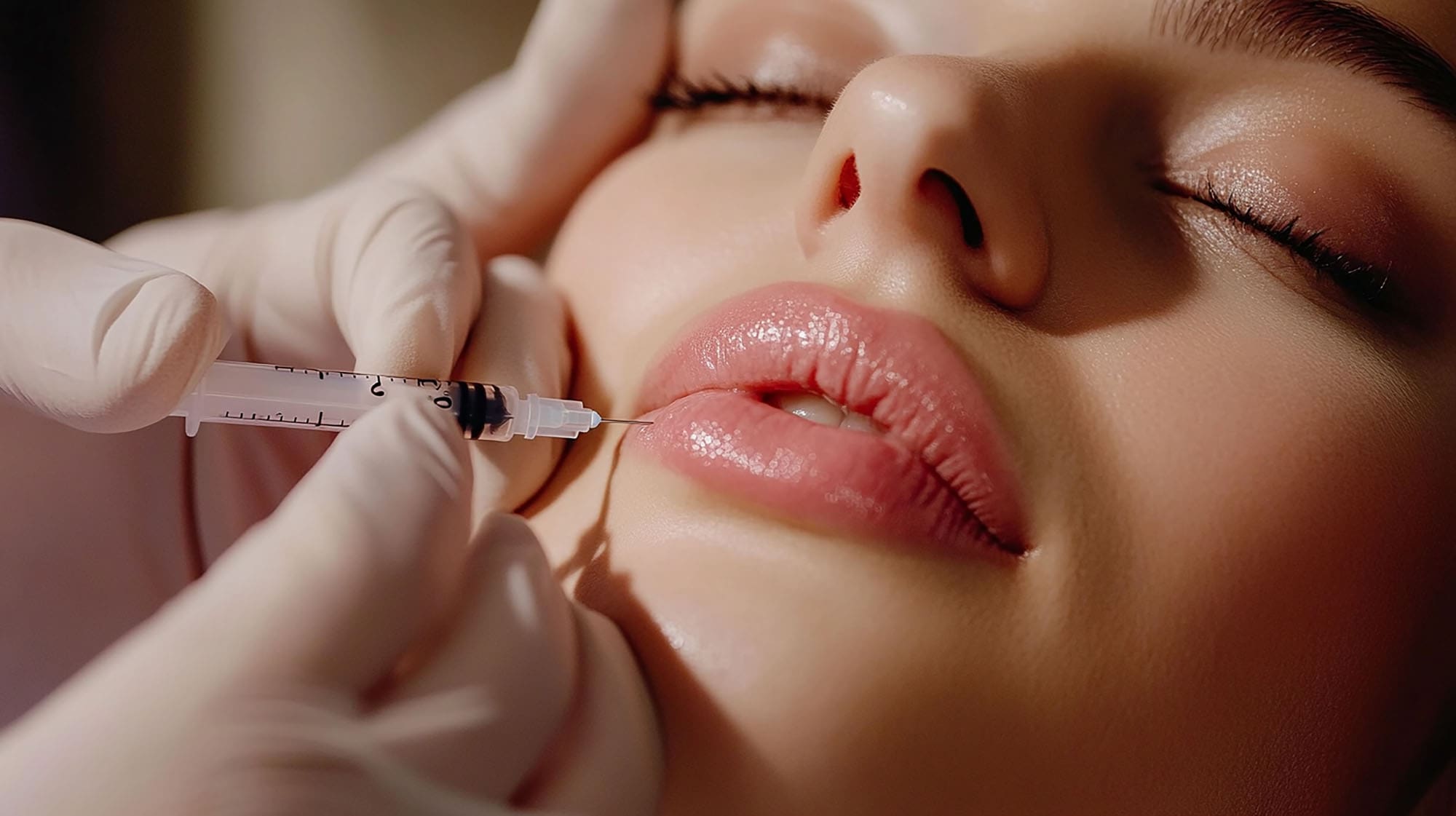 beautician performing precision lip filler injection facial contouring