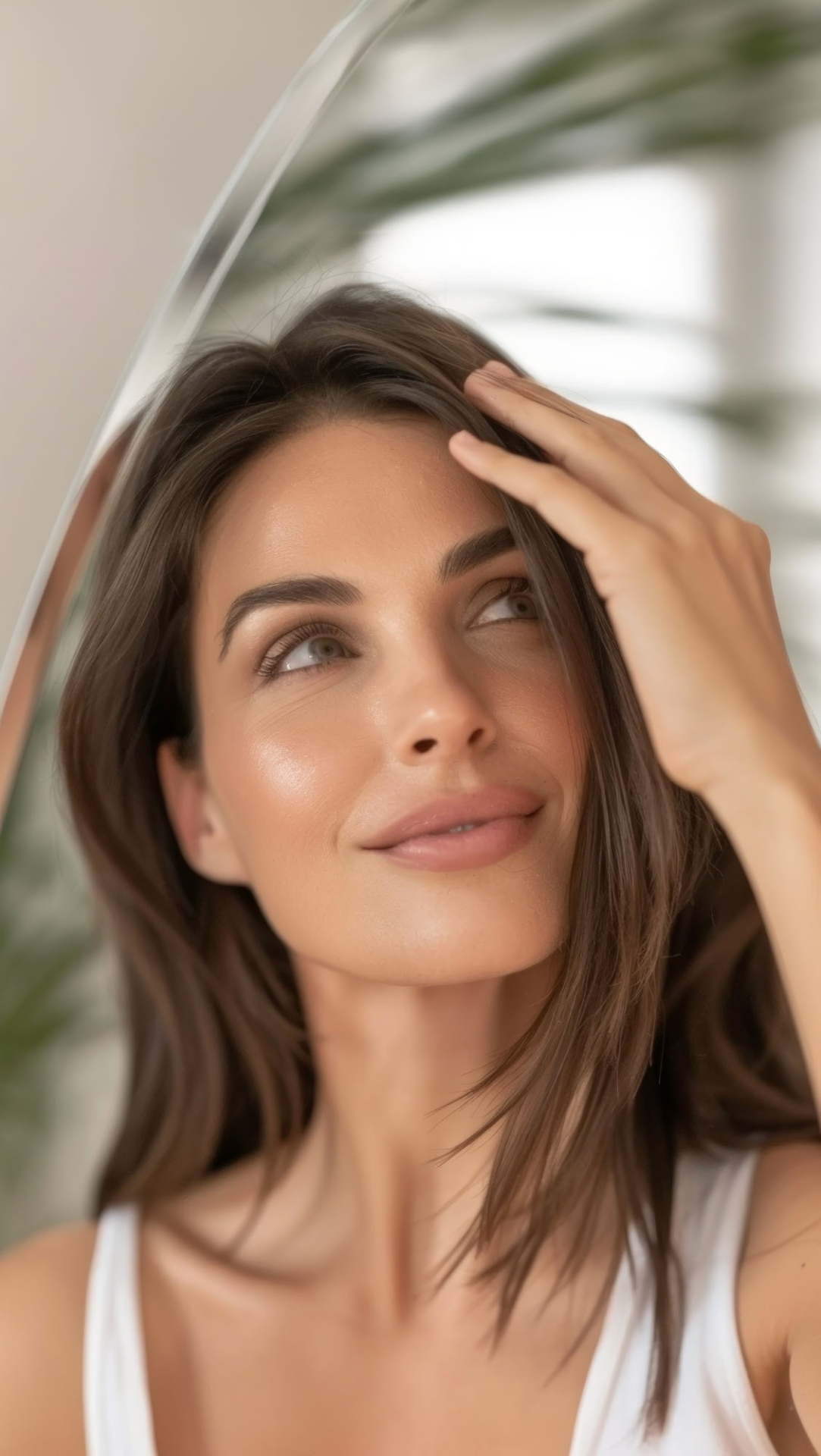 beautiful mature american woman looking at mirror at home, a lot of white space around the subject no watermark, text, logo, watch, number, trademark ar 2:3