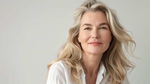 a beautiful middle aged woman with long blonde hair smiles at the camera.