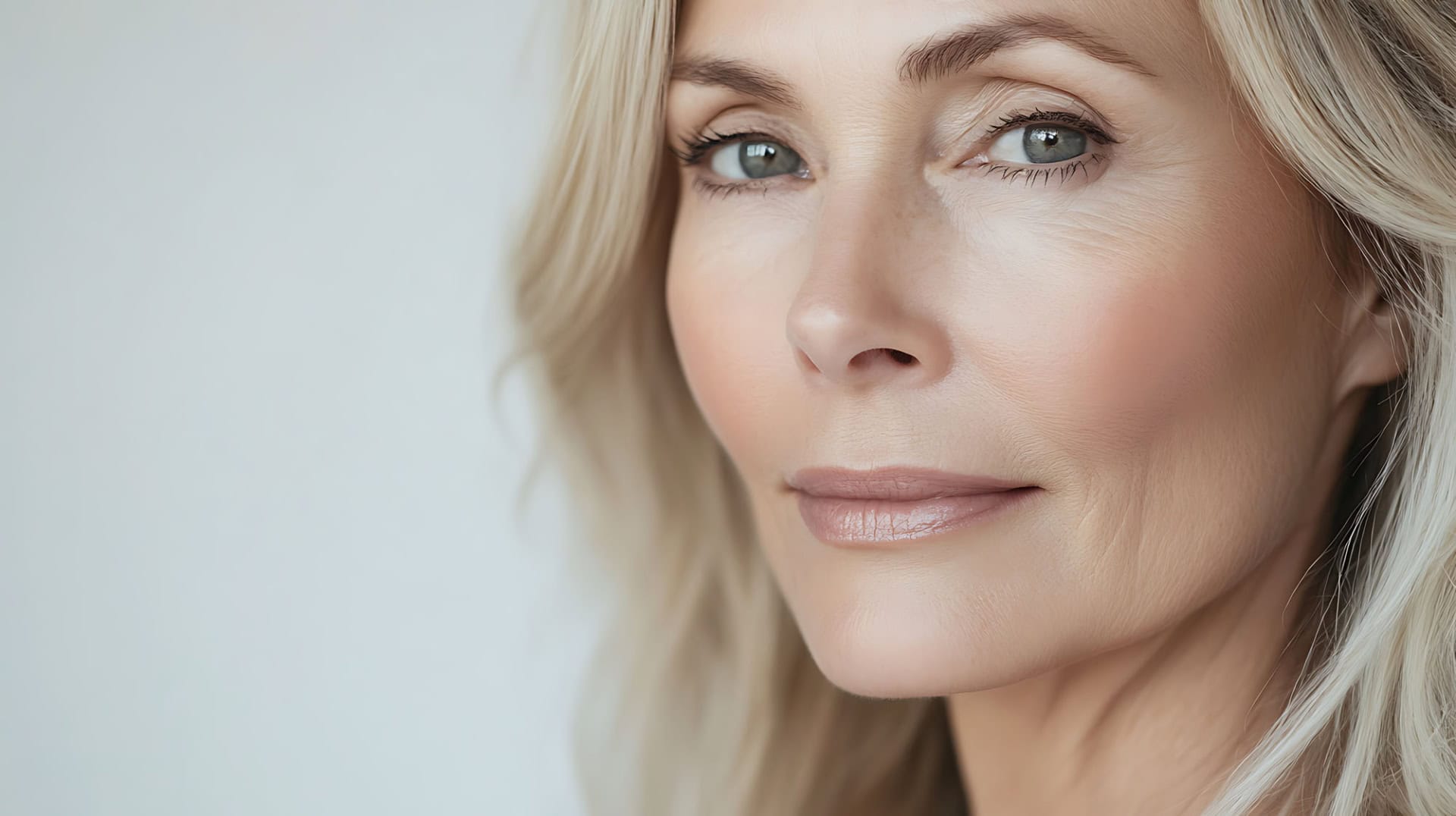 blond woman with blue eyes and long hair looking at the camera