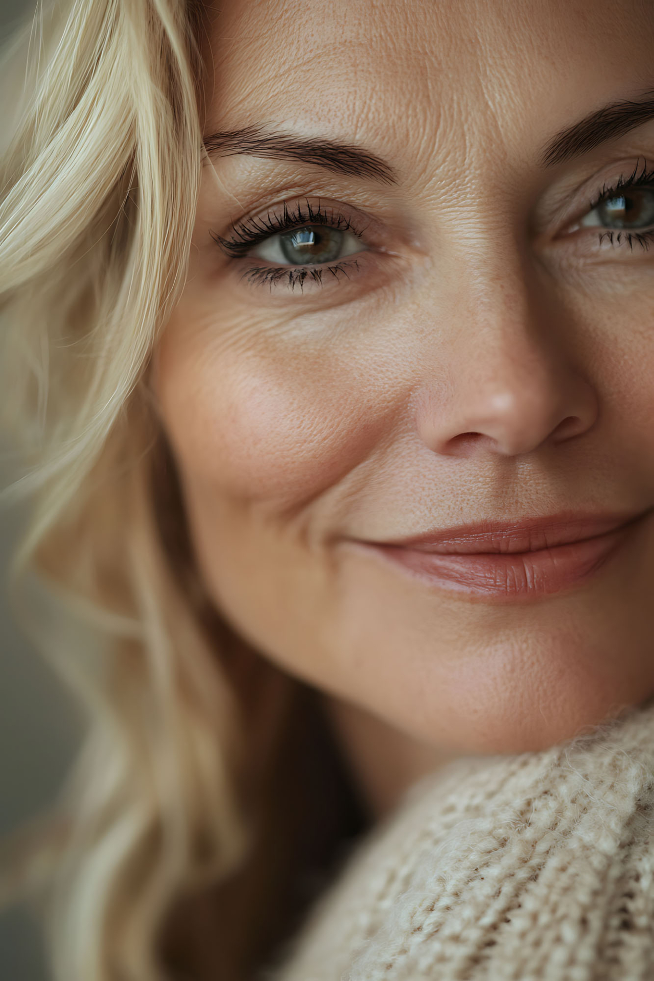 blond woman with blue eyes and a sweater smiling for a picture
