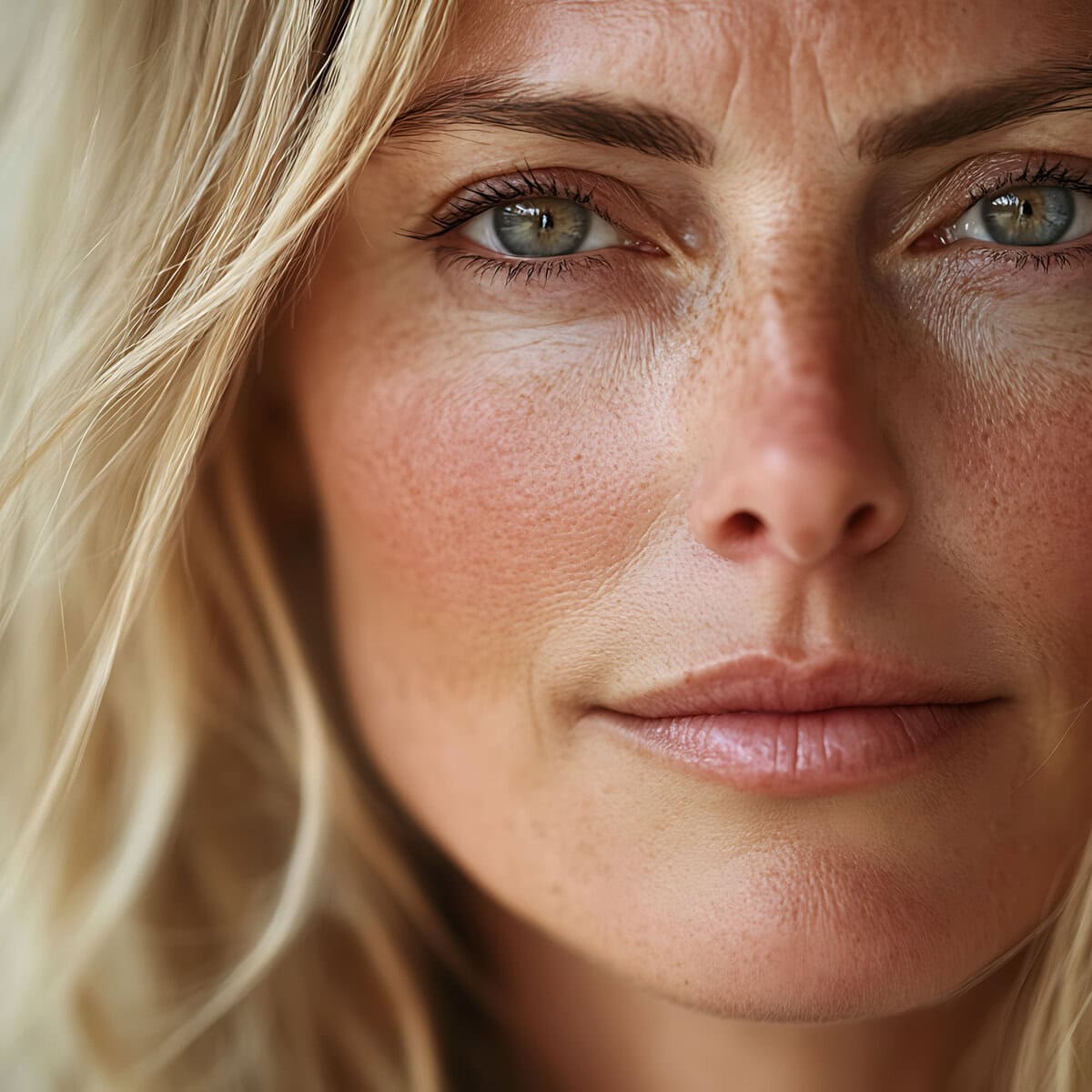 blond woman with freckles and blue eyes looking at camera