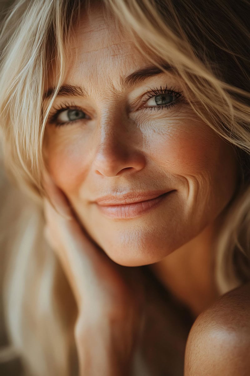 blond woman with long hair and blue eyes smiling at the camera