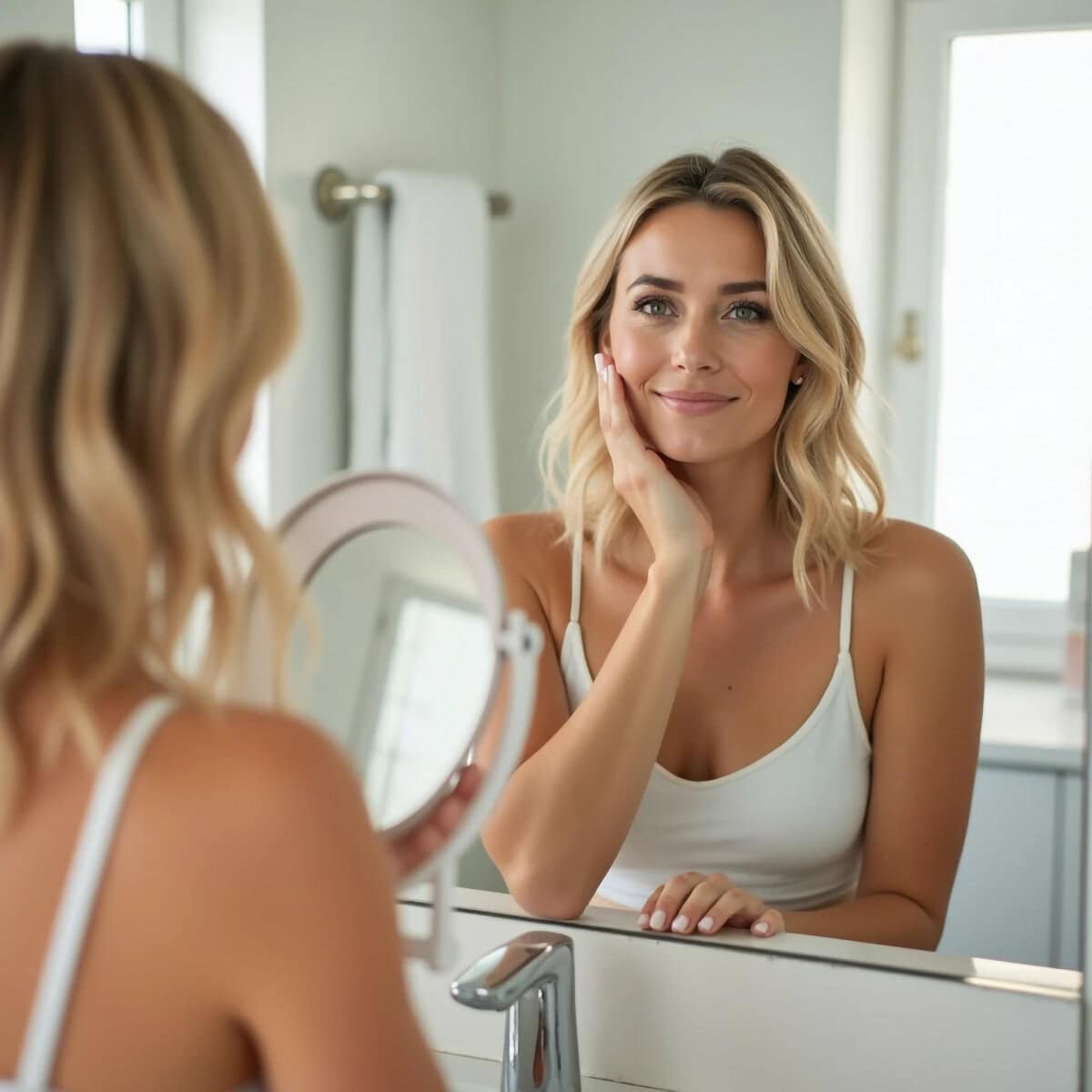 blonde woman looking her reflection mirror