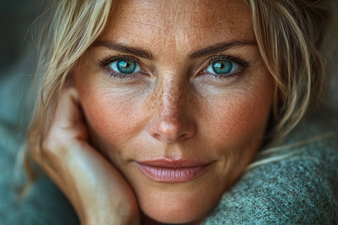 blonde woman with freckles and blue eyes resting chin on hands