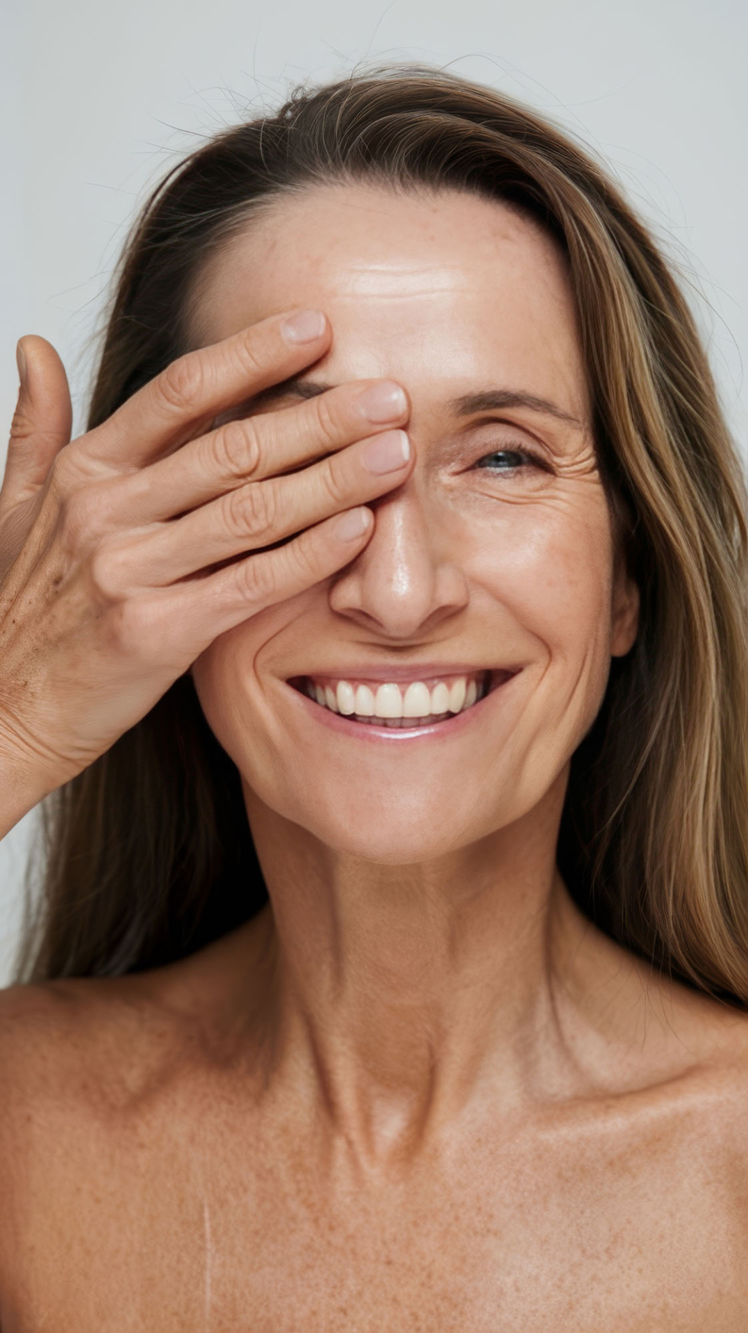 carefree middle aged woman with perfect facial skin no wrinkles healthy long hr touching her fac