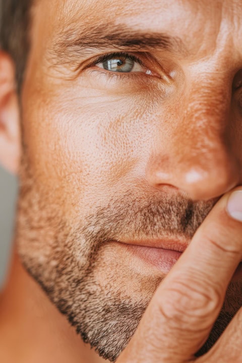 close up handsome mans face with thoughtful expression