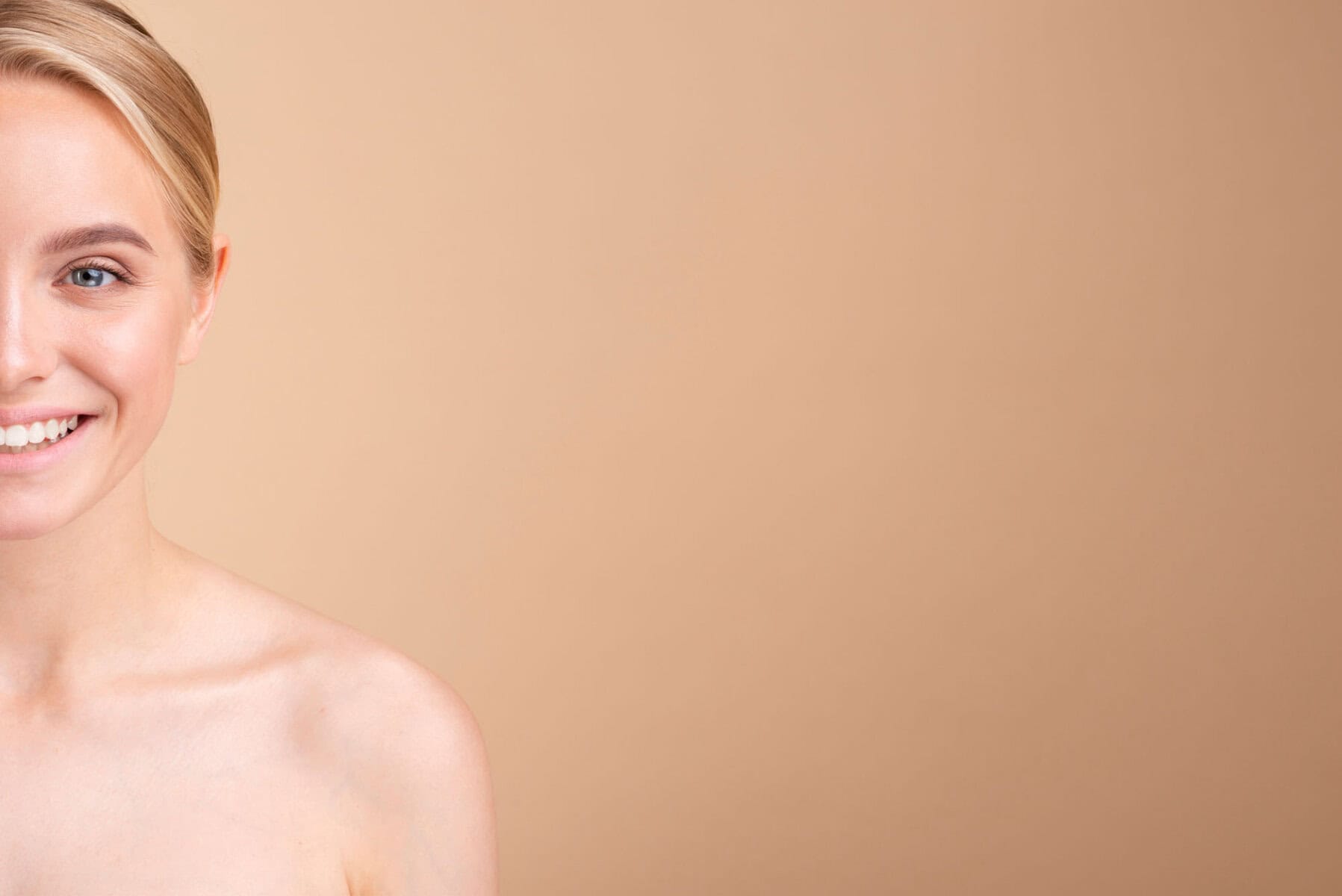 close up smiley woman with copy space