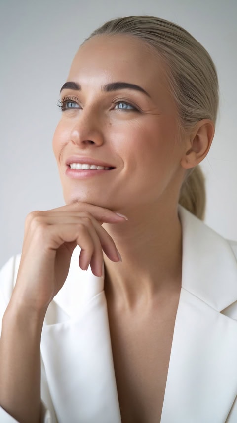 closeup confident sassy female professional look successful determined touching chin smiling pl