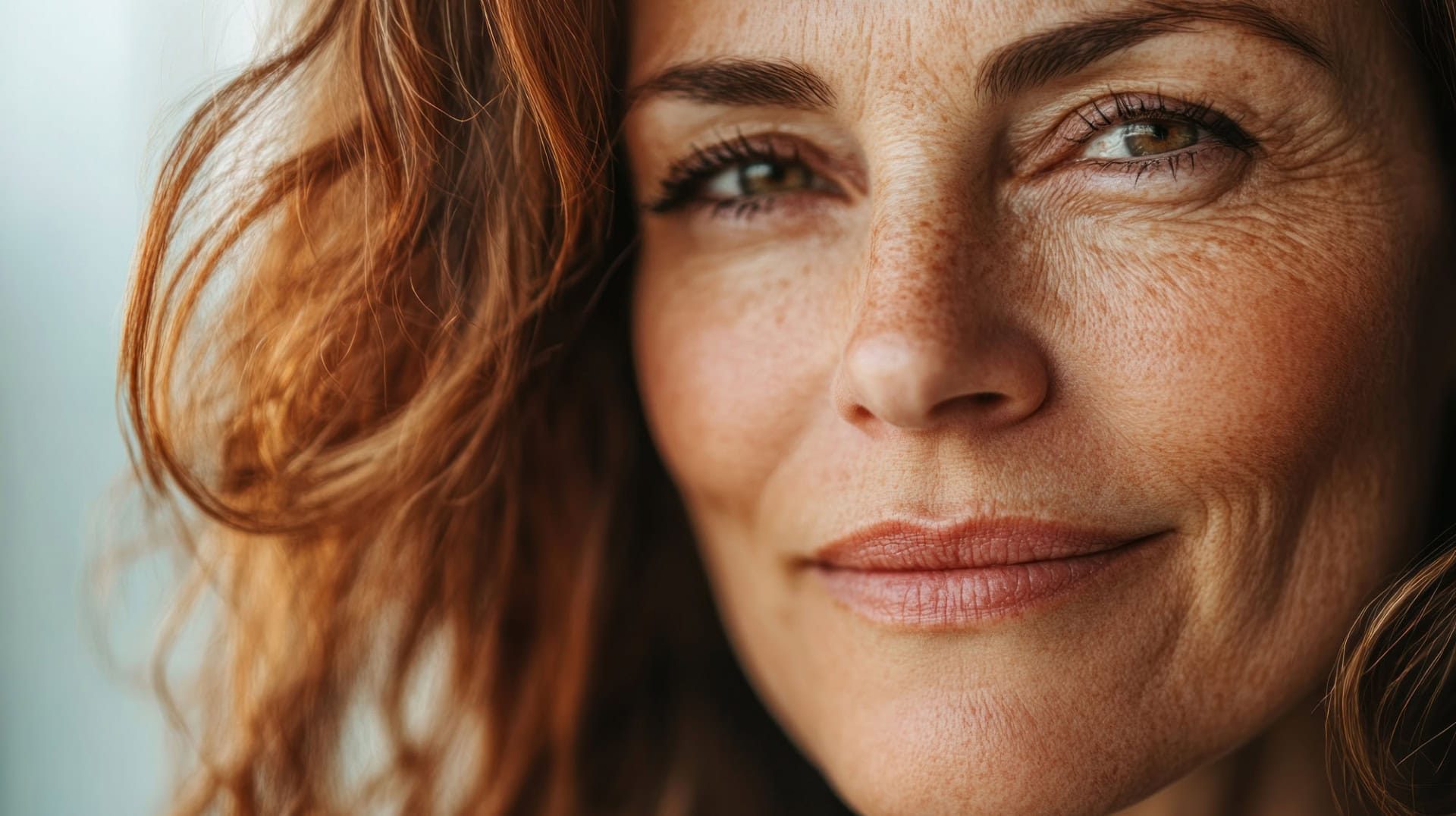 close up portrait of a woman with freckles