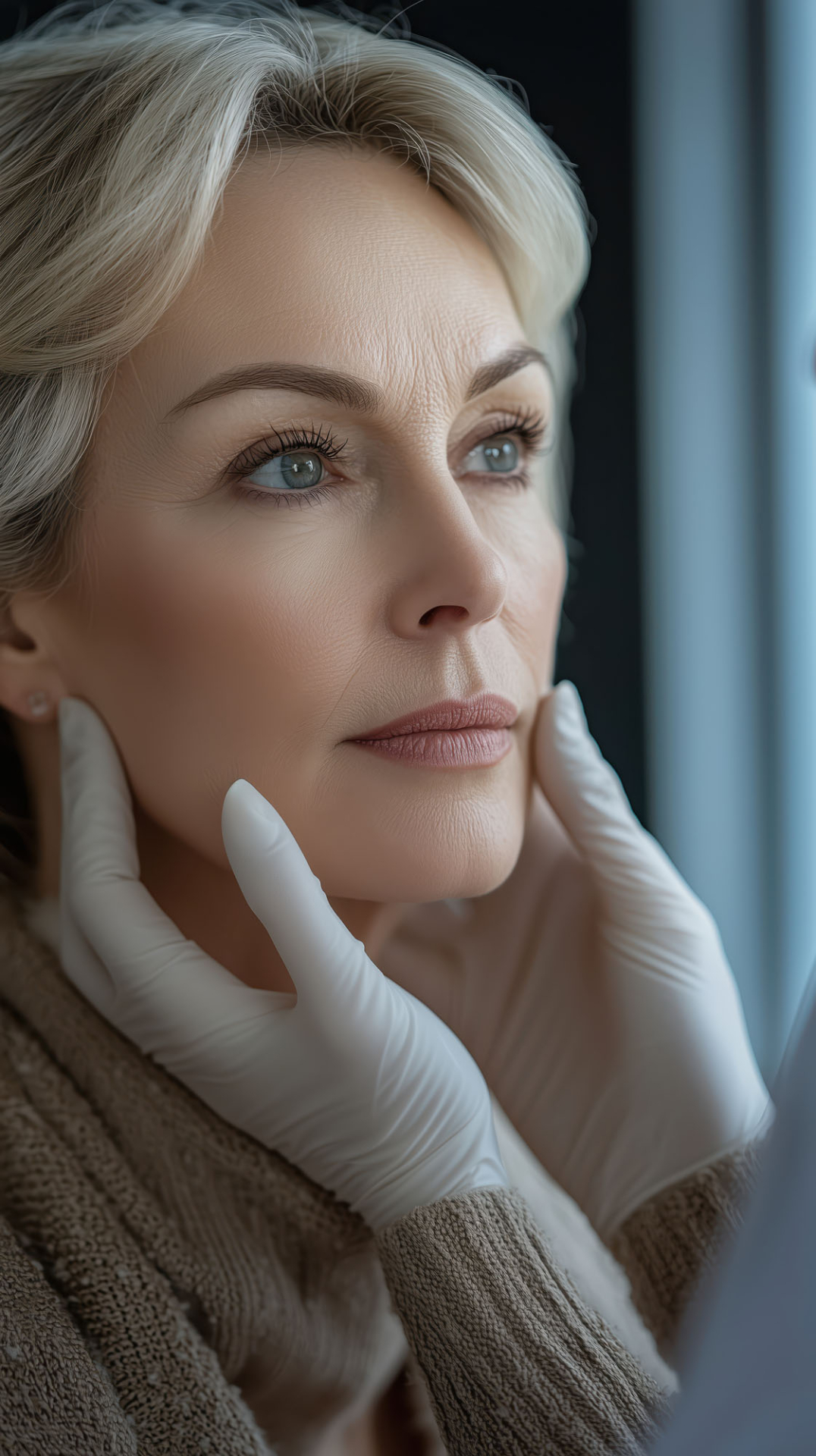 dermatologist conducting a gentle skin examination on a mature woman in a clinic setting
