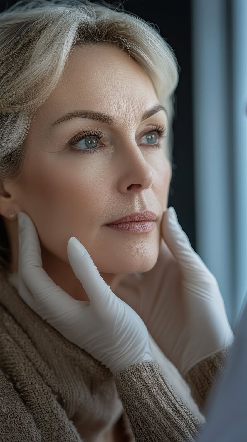 dermatologist conducting a gentle skin examination on a mature woman in a clinic setting