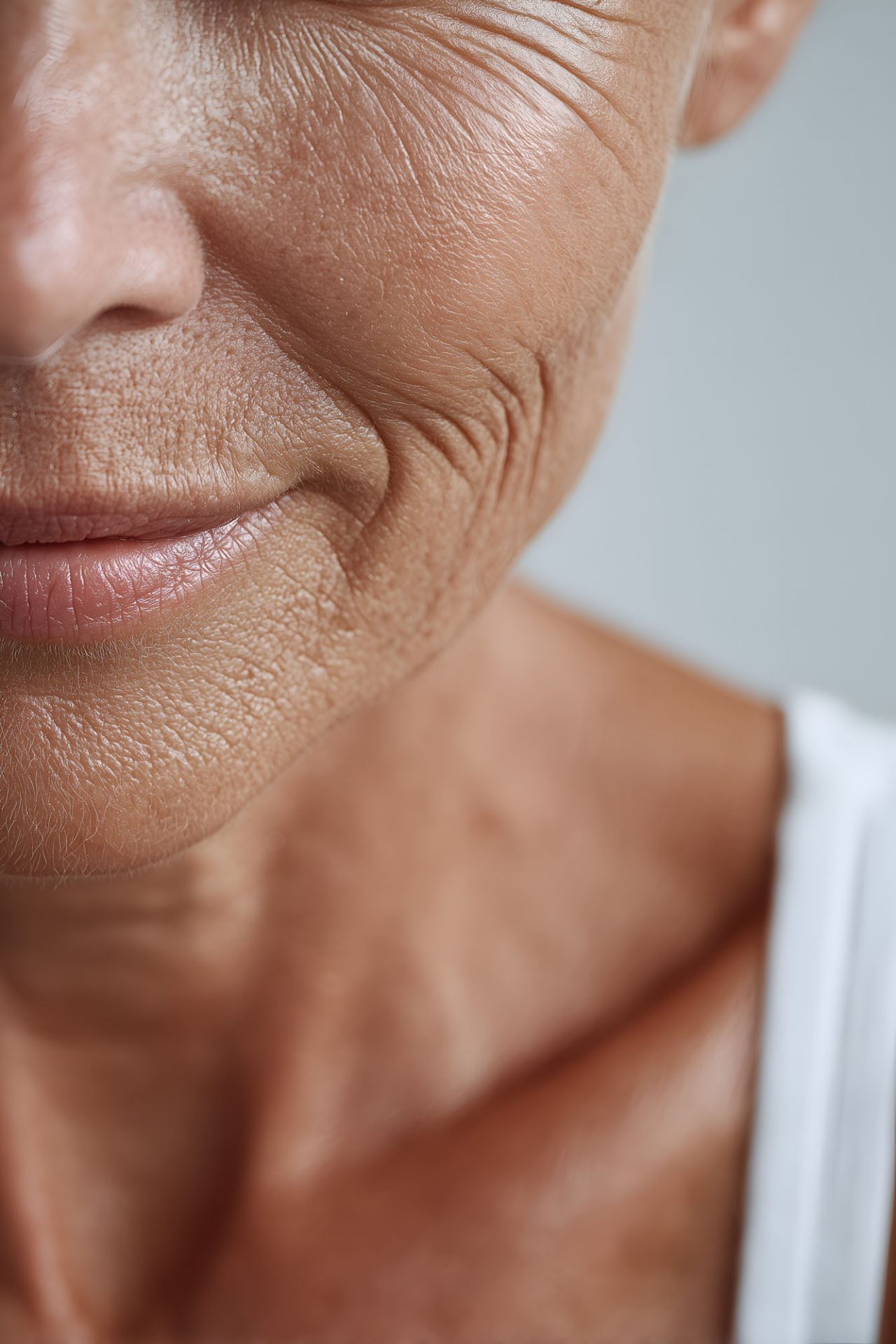 detailed closeup of a mature woman with natural aging skin