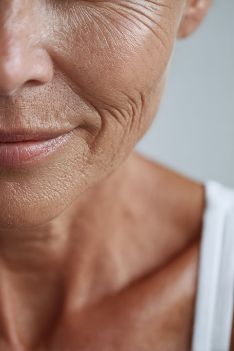 detailed closeup of a mature woman with natural aging skin