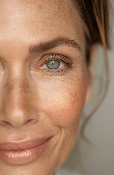 detailed view of mature woman's face showing prominent freckles and nice wrinkles