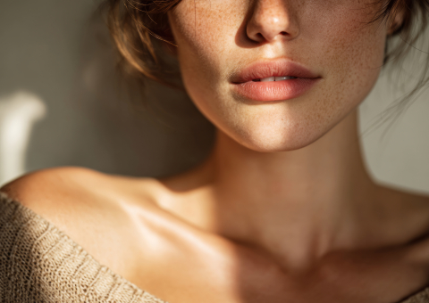 freckled model posing under sunlight, showing lips, neck and sho