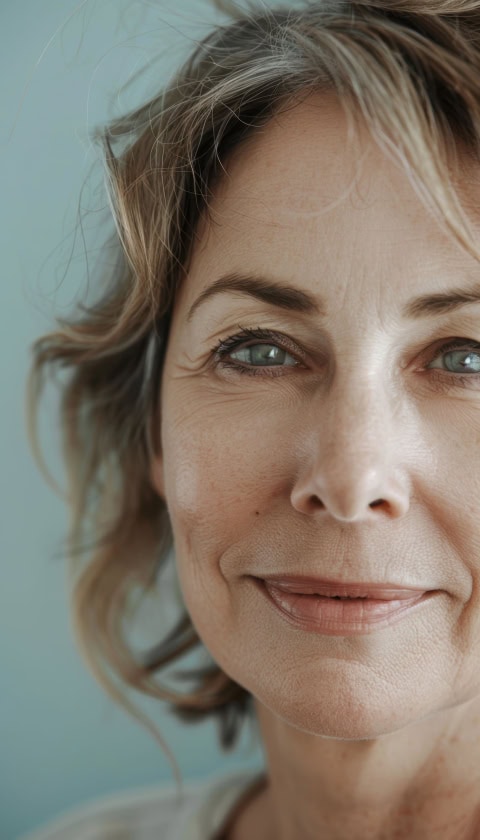 gentle smile of a middle aged woman against soft pastel blue background