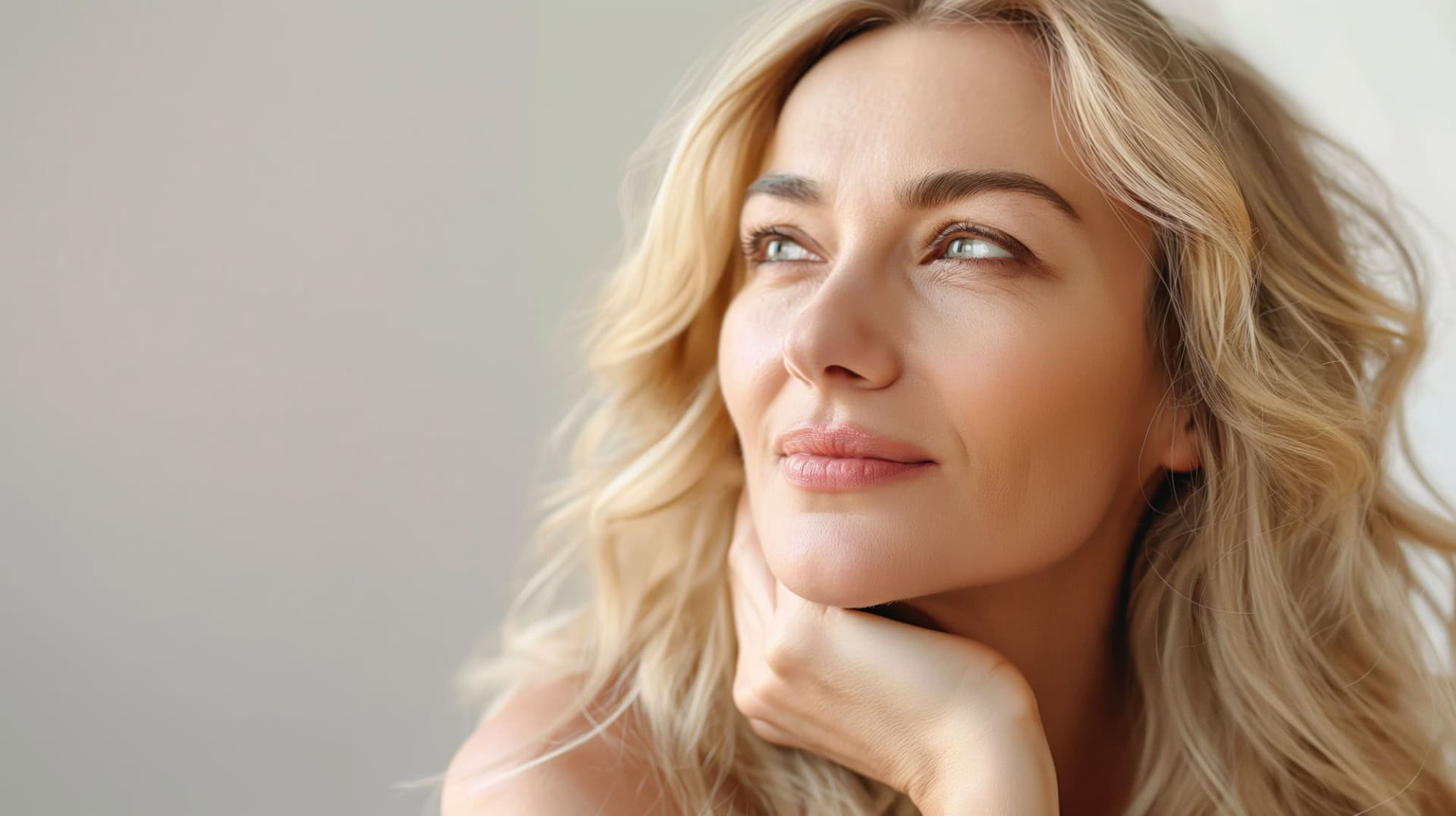 beautiful gorgeous 50s mid aged mature woman in light clothes looking at camera isolated on white with healthy glowing skin and perfect skincare