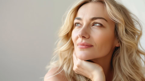 beautiful gorgeous 50s mid aged mature woman in light clothes looking at camera isolated on white with healthy glowing skin and perfect skincare