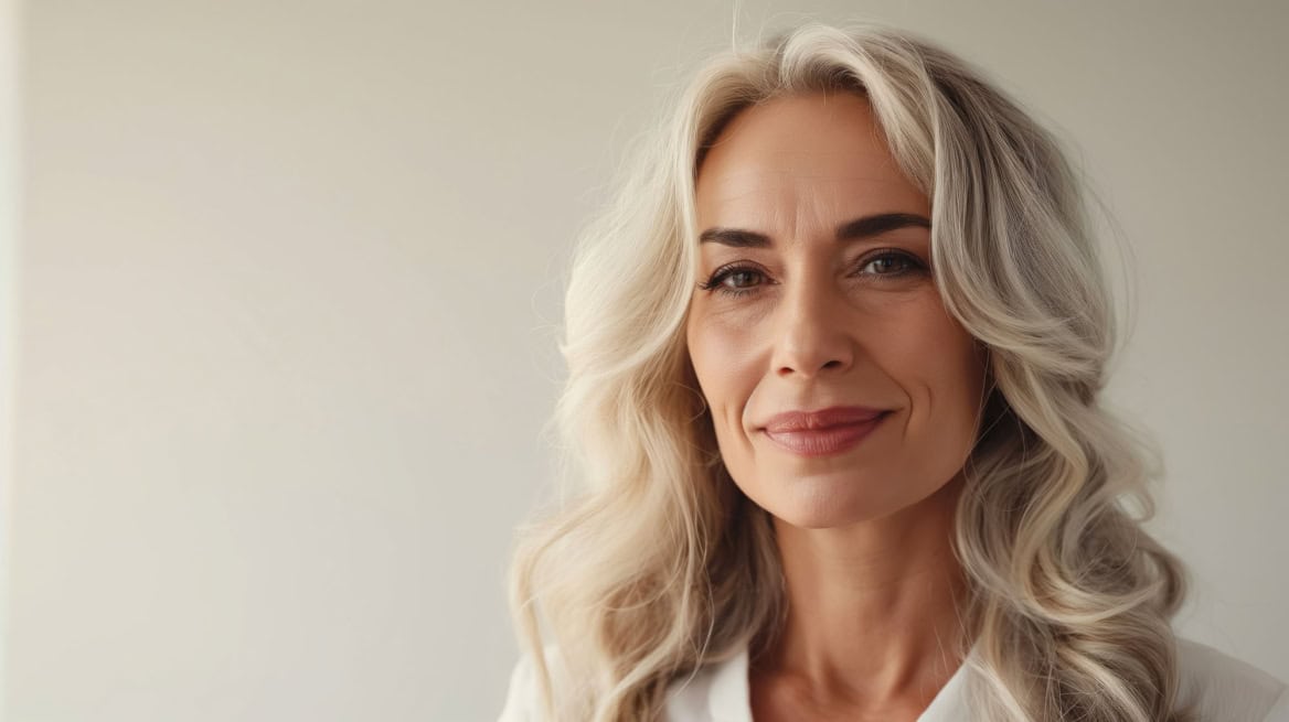 beautiful gorgeous 50s mid aged mature woman in light clothes looking at camera isolated on white with healthy glowing skin and perfect skincare