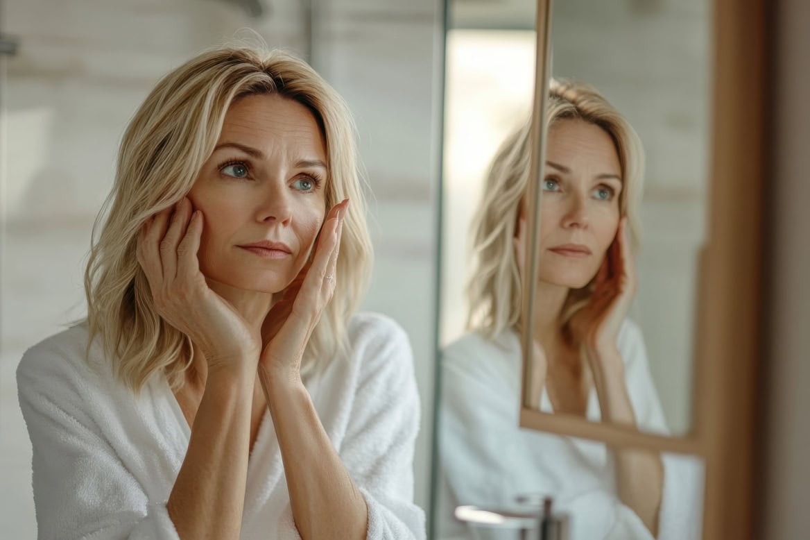 gorgeous mid age adult 50 years old blonde woman standing in bathroom after shower touching face