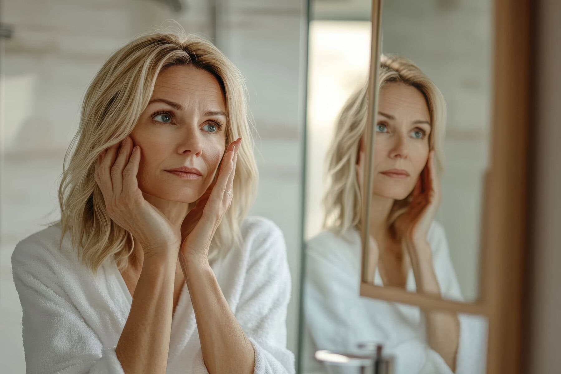 gorgeous mid age adult 50 years old blonde woman standing in bathroom after shower touching face