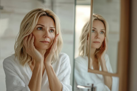 gorgeous mid age adult 50 years old blonde woman standing in bathroom after shower touching face