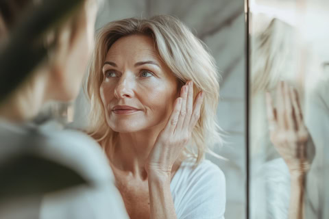 gorgeous mid age adult 50 years old blonde woman standing in bathroom after shower touching face