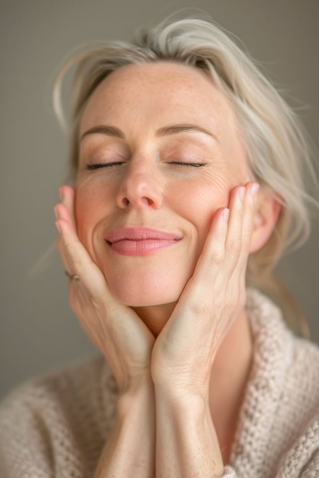 a happy caucasian woman in relationship giving herself a face ma
