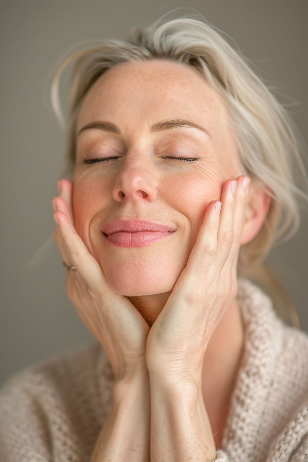 a happy caucasian woman in relationship giving herself a face ma