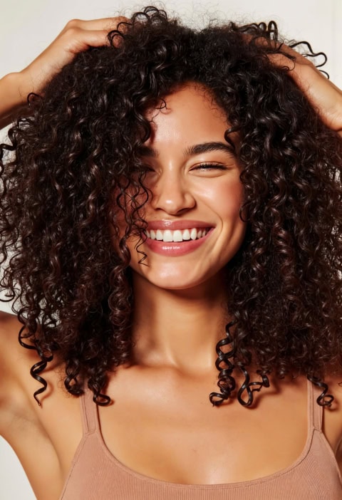 happy woman with curly hair smiling