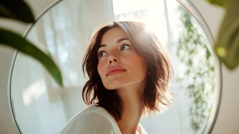 hispanic woman joyfully admiring her new layered haircut in a sunlit room