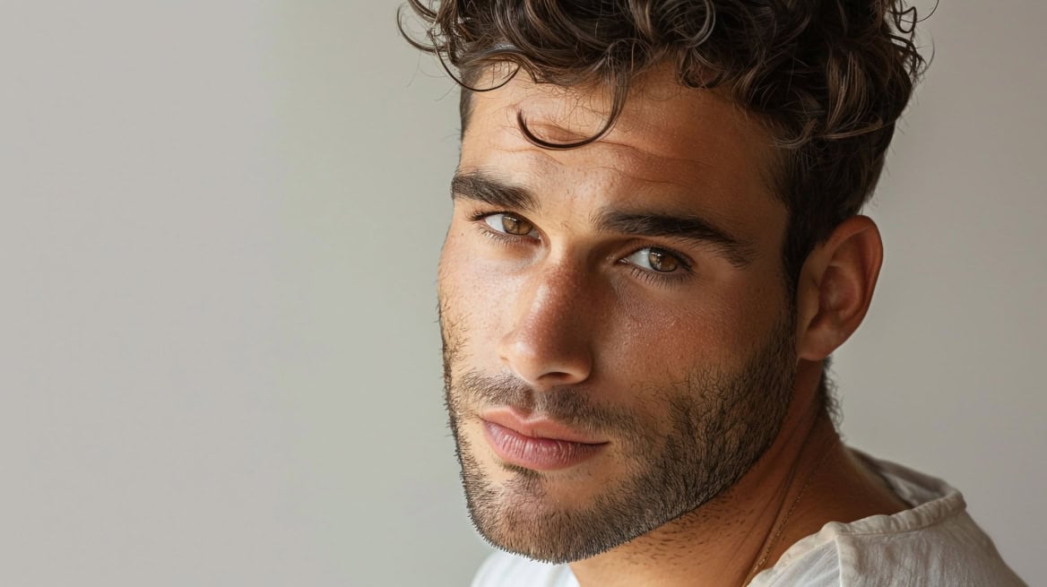 man with beard white shirt with serious look his face