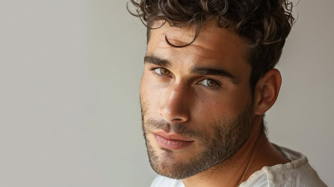 man with beard white shirt with serious look his face