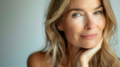 mature woman with glowing skin, looking serene and confident