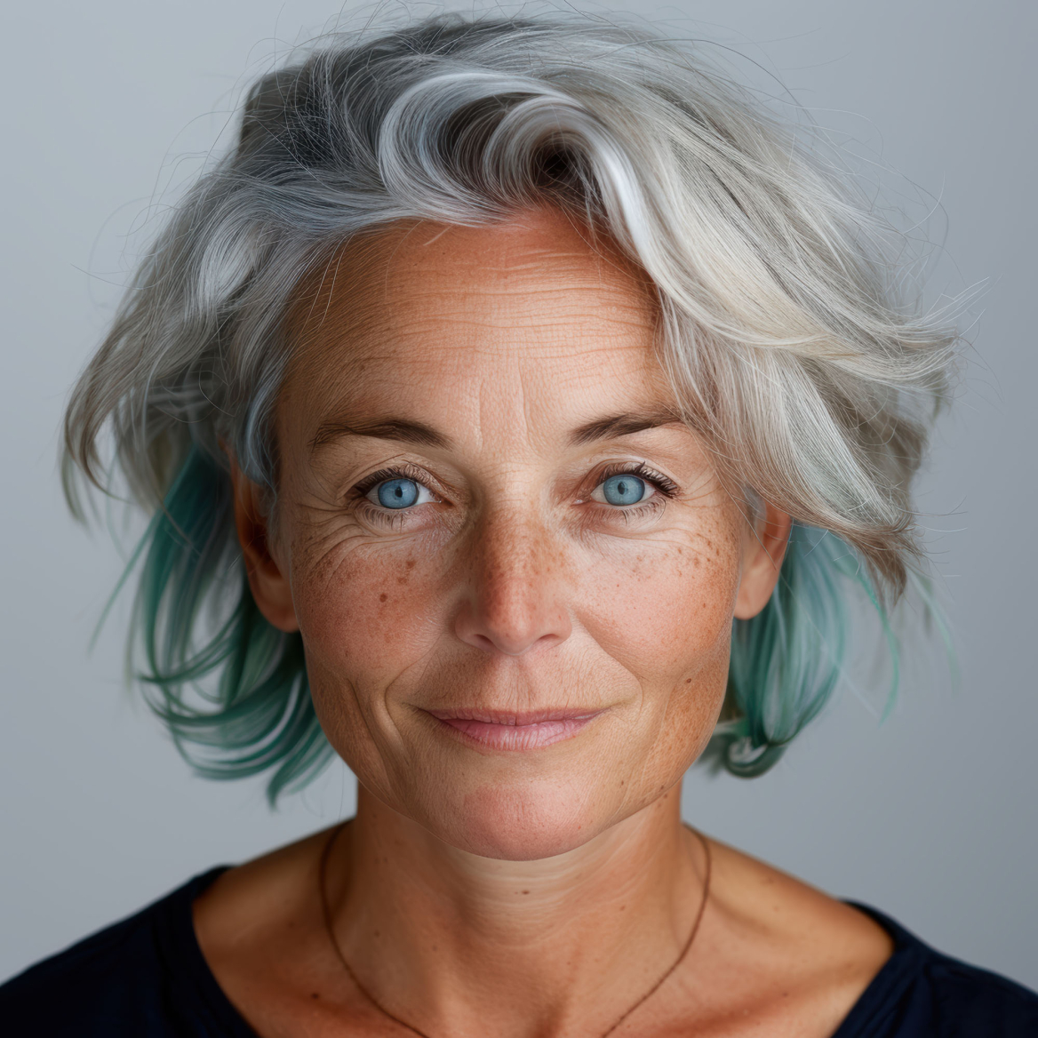 mature woman with silver hair and blue eyes