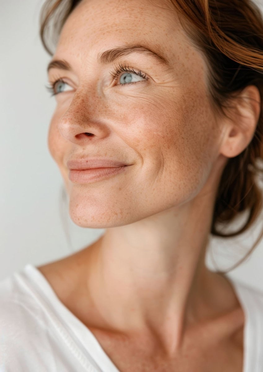 a middle age woman happy with no makeup smile person female.