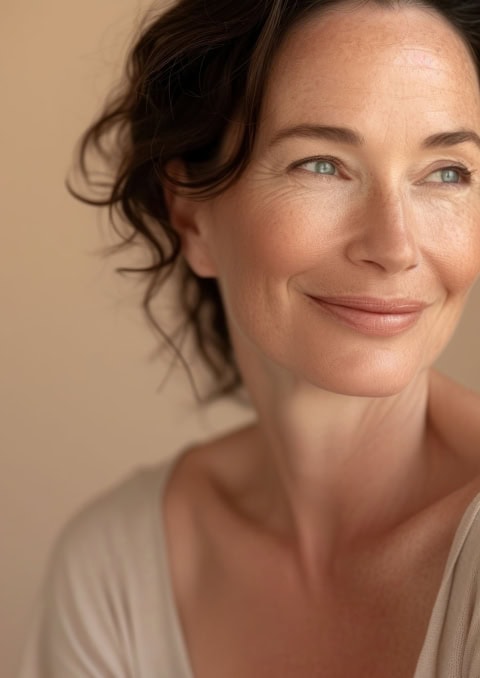 middle age woman with no makeup smile portrait adult.