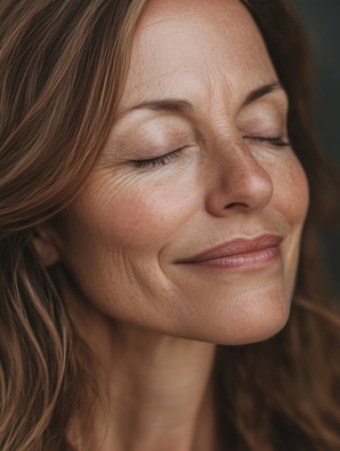 middle aged mature woman with eyes closed enhoying her agge and glowing healthy skin aging gracefully