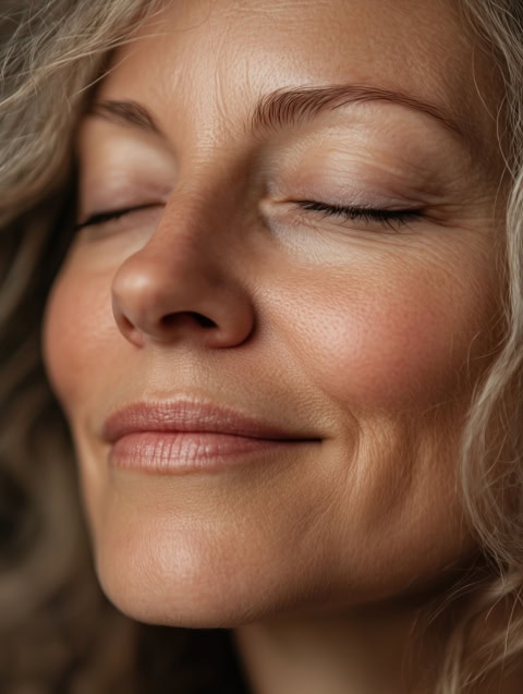 middle aged mature woman with eyes closed enhoying her agge and glowing healthy skin aging gracefully