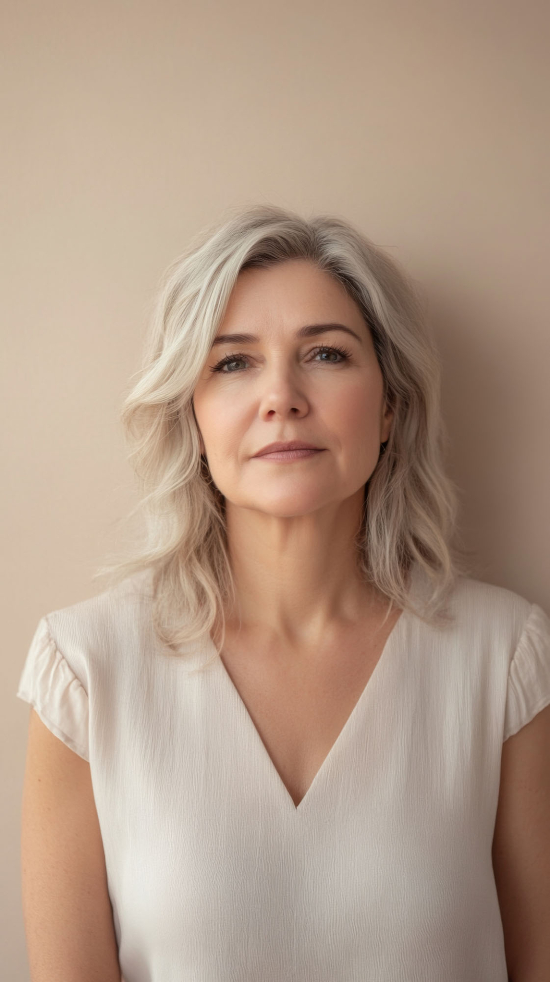 middle aged woman with a relaxed expression against neutral back