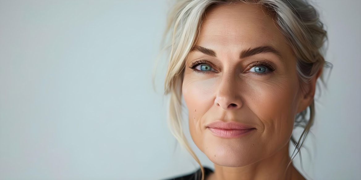 photo of a radiant middleaged woman against a white background f