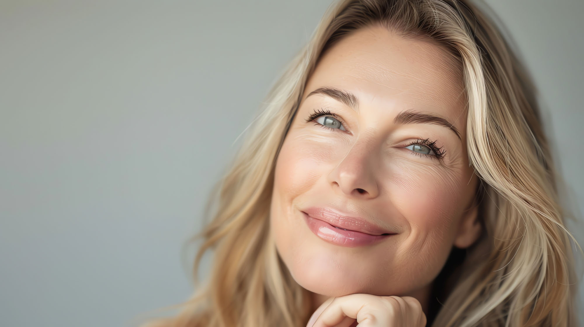 portrait of a beautiful middle aged woman with blonde hair smiling.