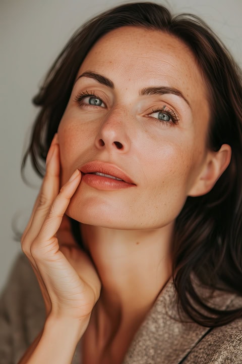 portrait happy 40 years old woman with opened eyes beautiful healthy skin closeup portrait