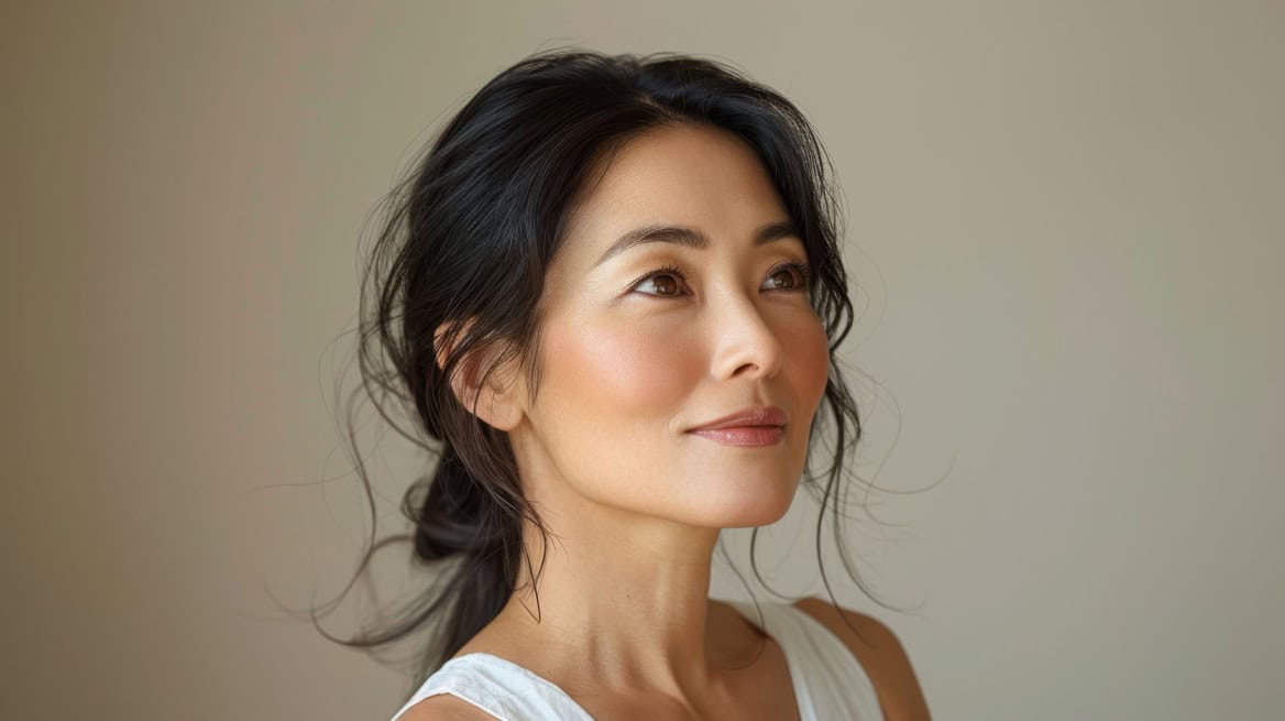 portrait middle aged asian woman posing grey background