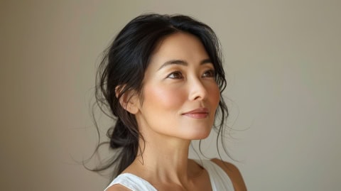 portrait middle aged asian woman posing grey background