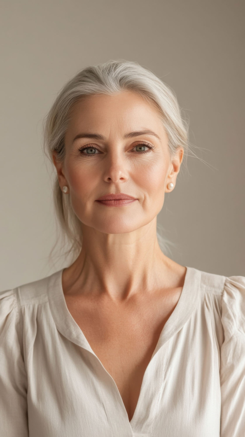 portrait serene mature woman with gray hair light background