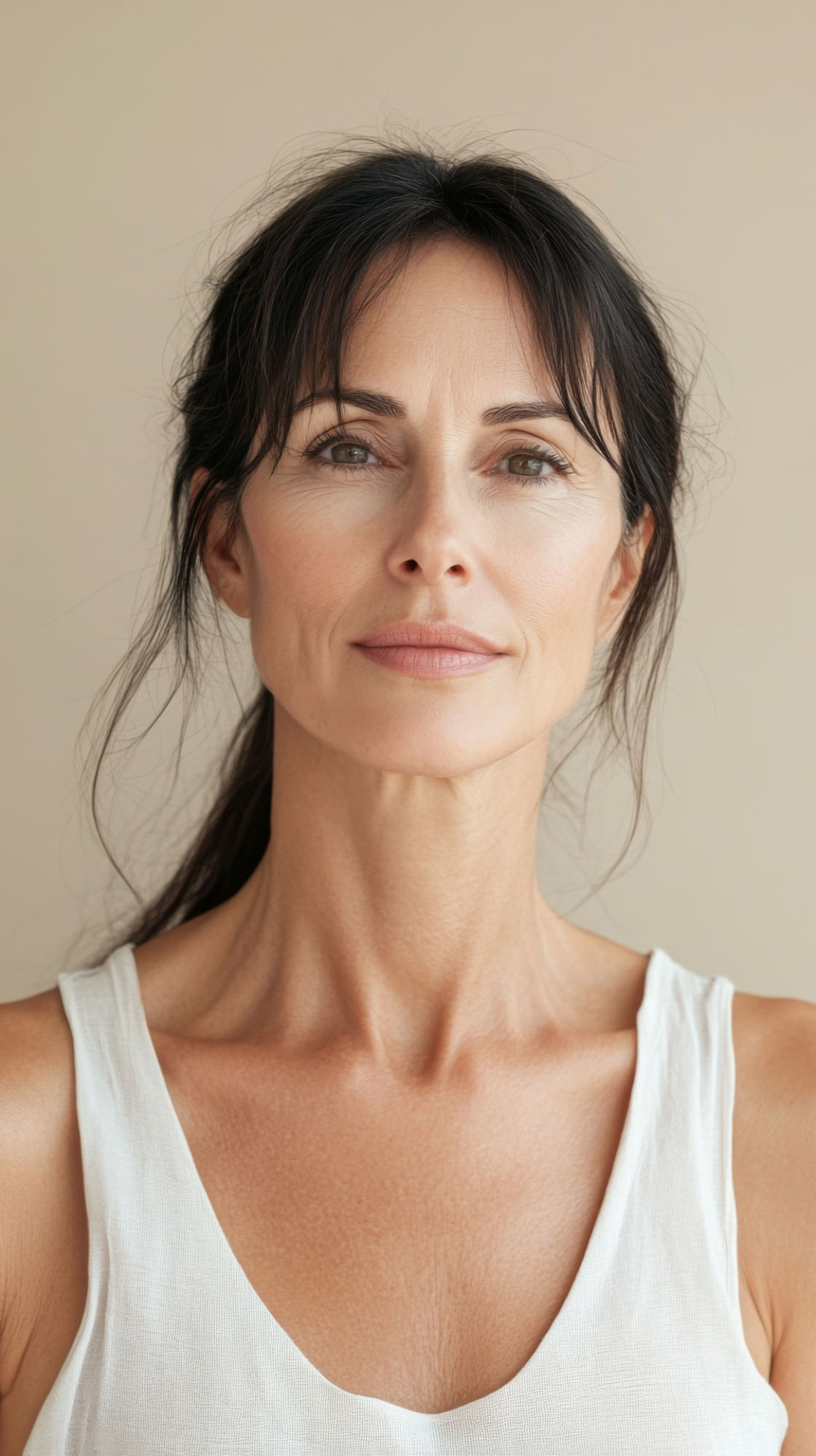 portrait of serene middle age woman with brunette hair and light